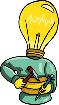 Illustratie lamp met hamer en potlood in de hand