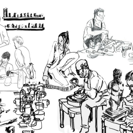 Tekening van leerlingen keramiek in de les